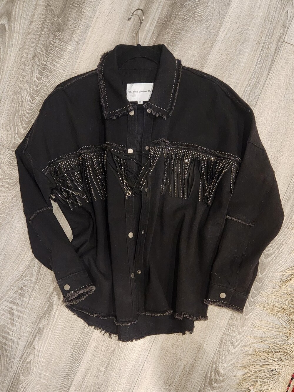 Women's Black Fringe Bling Denim Jacket